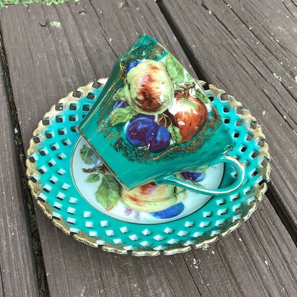 Royal Halsey Very Fine Tea Cup and Saucer Set Fruit Motif Turquoise Gold Trim - Picture 2 of 7